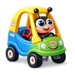 Cartoon bug driving a colorful toy car illustration for BloomPlay.