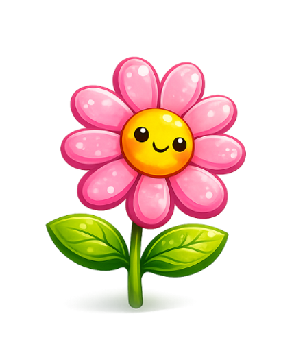 Pink smiling flower illustration used throughout BloomPlay branding.