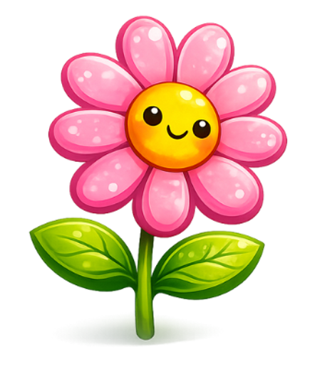 Smiling pink flower illustration representing BloomPlay's nature theme.