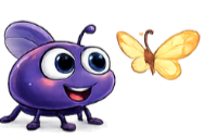 Purple cartoon bug mascot with butterfly for BloomPlay.