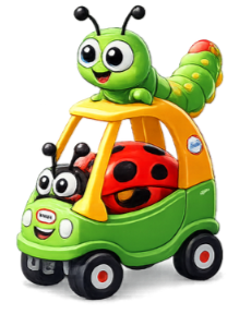 Cartoon ladybug driving a toy car illustration for BloomPlay.
