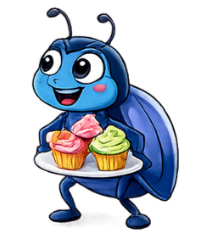 Cartoon blue bug carrying birthday cupcakes for BloomPlay parties.