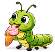Smiling cartoon caterpillar mascot holding an icecream for BloomPlay.